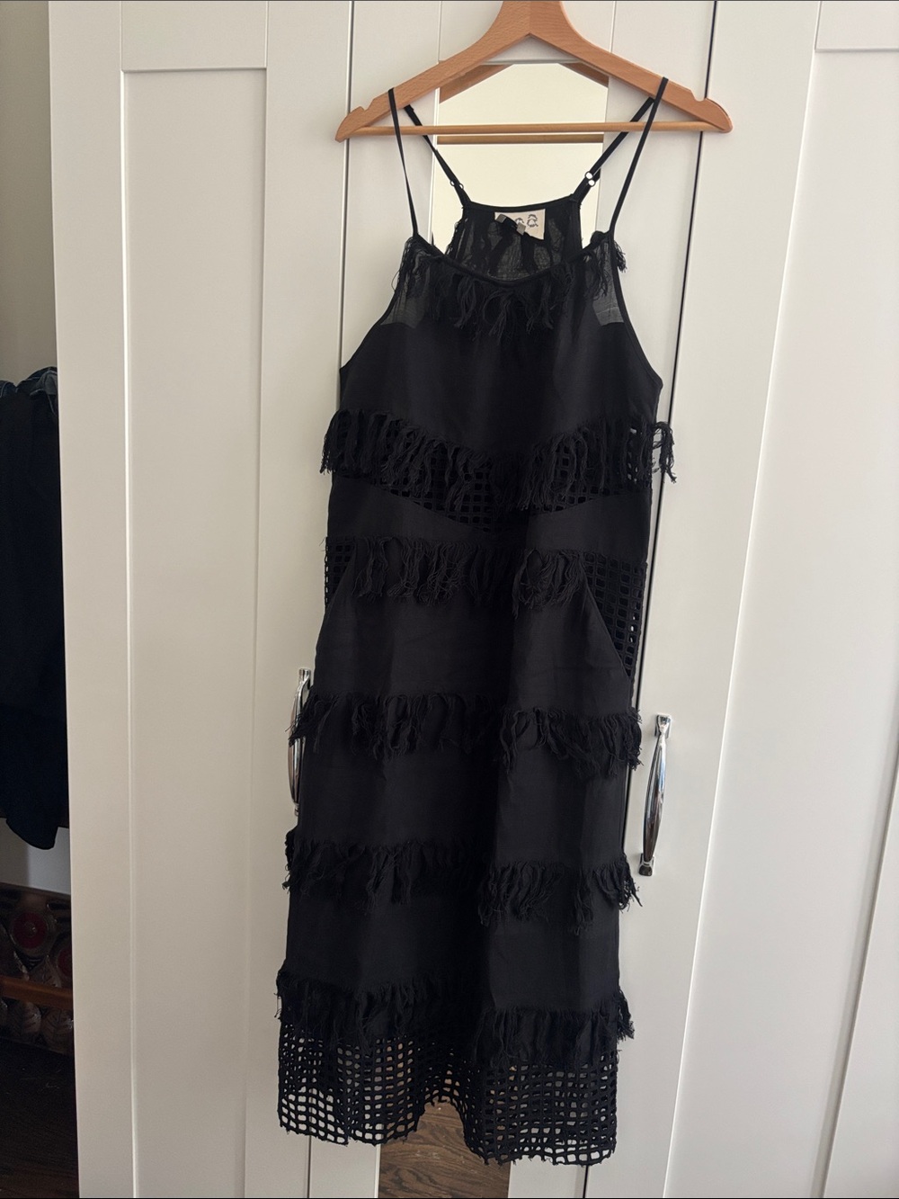 Sea New York Black Fringe Tiered Midi Dress